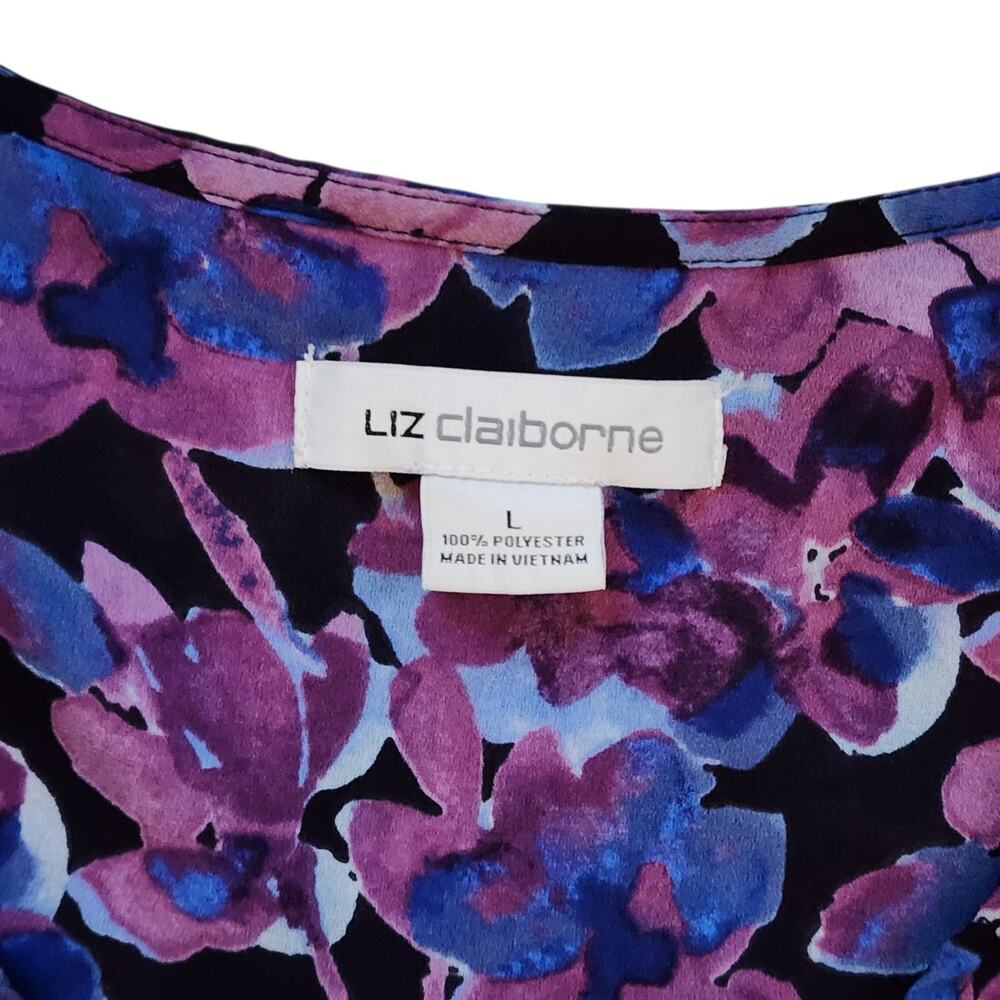Liz Claiborne Womens Blouse Size L Purple Floral Long Sleeve Button Down V-Neck - Picture 5 of 8